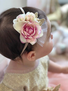 Butterfly Blossom Elastic Baby Headband -Cream/Pink